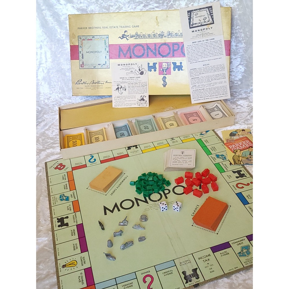 Vtg 1954-60 Monopoly Board Game Parker Brothers Yellow Long Box Metal Tokens